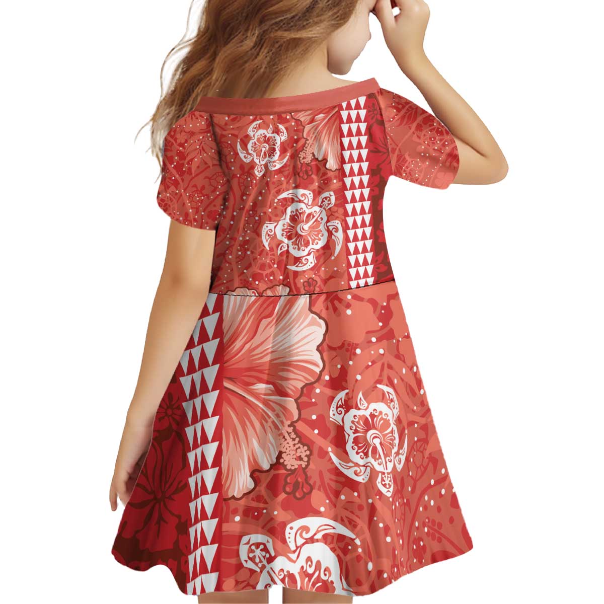 Red Hibiscus Turle Kid Short Sleeve Dress Hawaiian Style Tribal Tapa Pattern