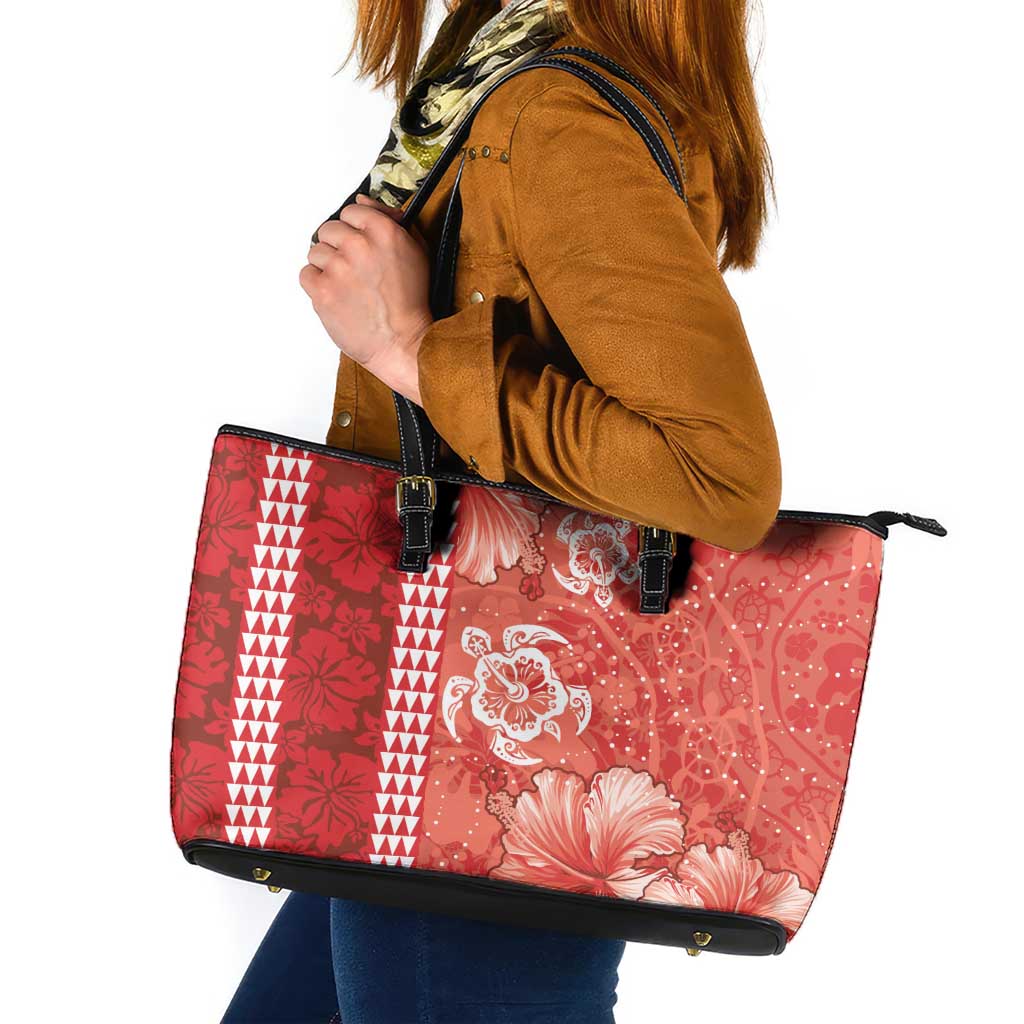 Red Hibiscus Turle Leather Tote Bag Hawaiian Style Tribal Tapa Pattern LT9 Red - Polynesian Pride