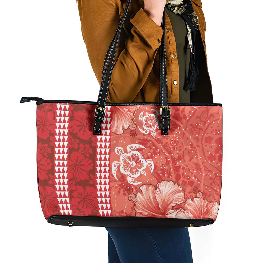 Red Hibiscus Turle Leather Tote Bag Hawaiian Style Tribal Tapa Pattern