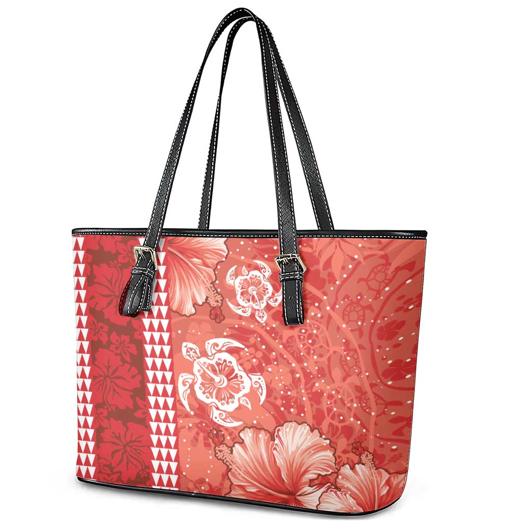 Red Hibiscus Turle Leather Tote Bag Hawaiian Style Tribal Tapa Pattern