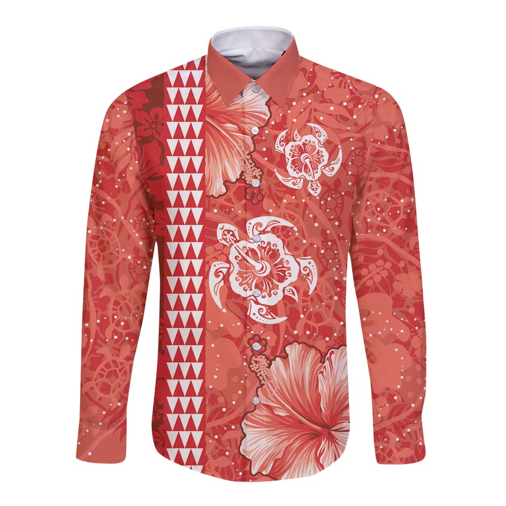 Red Hibiscus Turle Long Sleeve Button Shirt Hawaiian Style Tribal Tapa Pattern