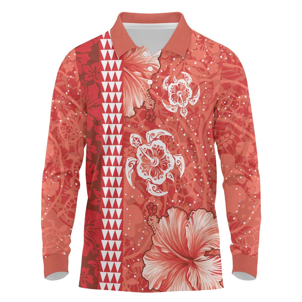 Red Hibiscus Turle Long Sleeve Polo Shirt Hawaiian Style Tribal Tapa Pattern