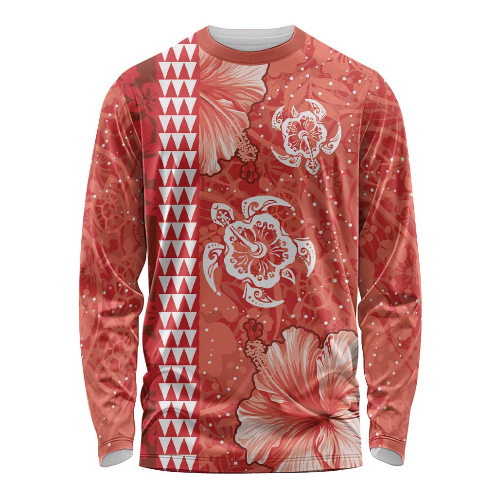 Red Hibiscus Turle Long Sleeve Shirt Hawaiian Style Tribal Tapa Pattern