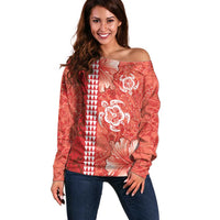 Red Hibiscus Turle Off Shoulder Sweater Hawaiian Style Tribal Tapa Pattern