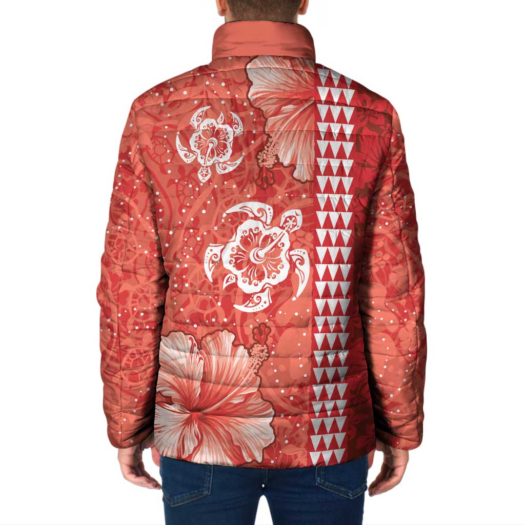 Red Hibiscus Turle Padded Jacket Hawaiian Style Tribal Tapa Pattern - Polynesian Pride