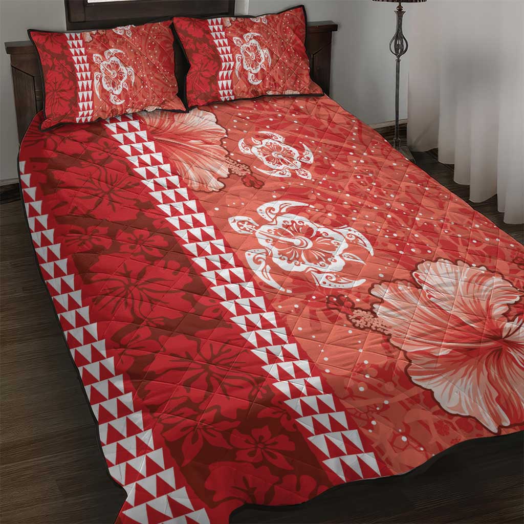 Red Hibiscus Turle Quilt Bed Set Hawaiian Style Tribal Tapa Pattern