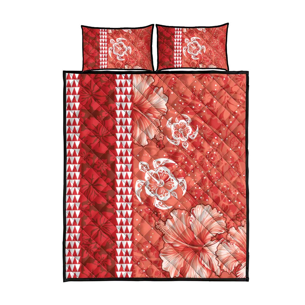 Red Hibiscus Turle Quilt Bed Set Hawaiian Style Tribal Tapa Pattern