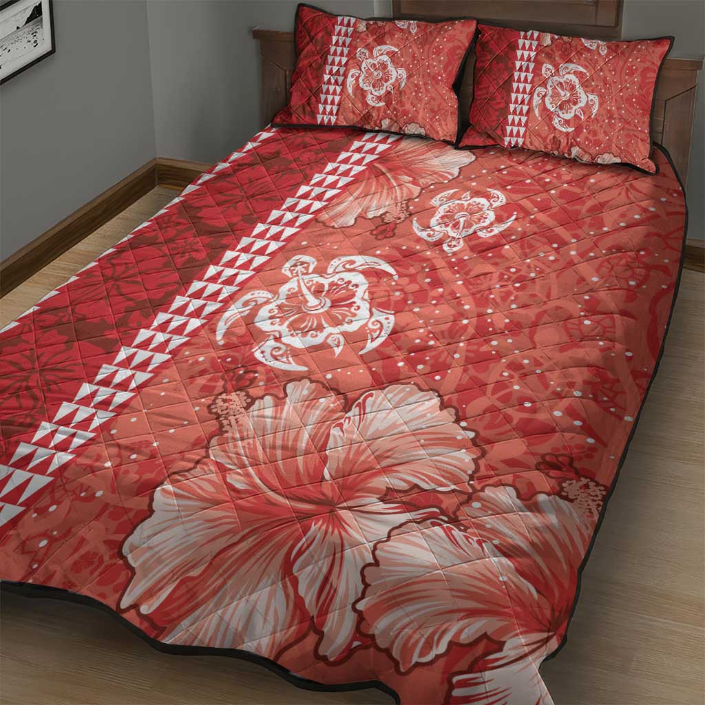Red Hibiscus Turle Quilt Bed Set Hawaiian Style Tribal Tapa Pattern