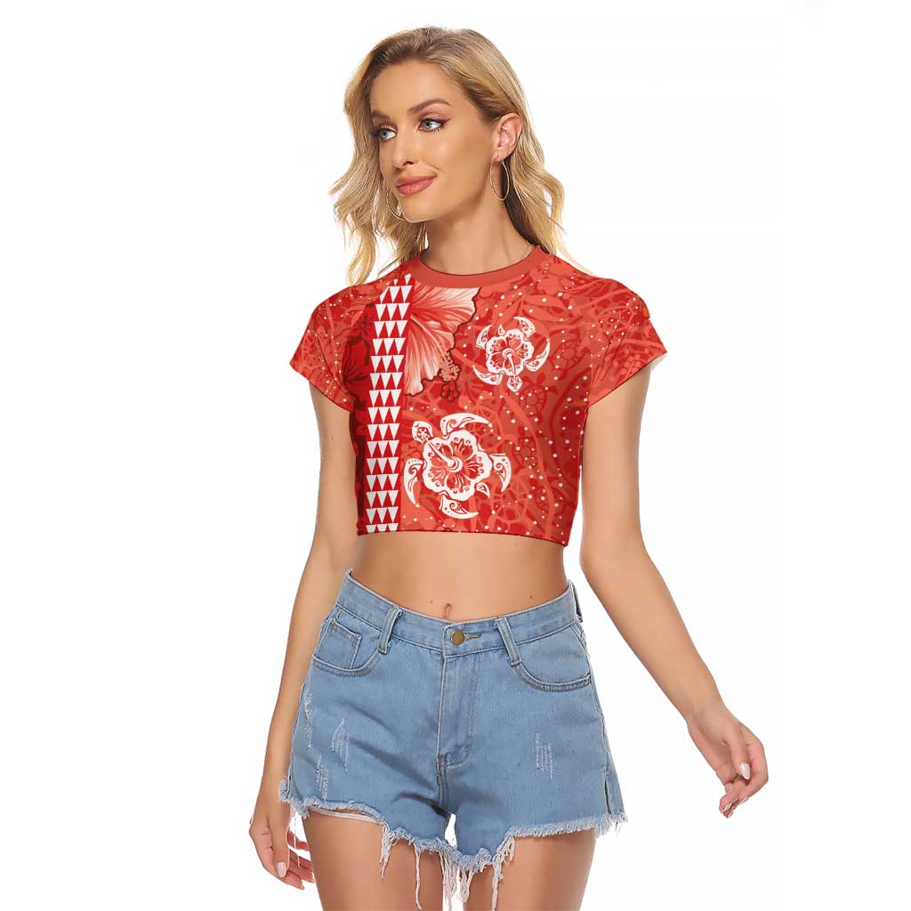 Red Hibiscus Turle Raglan Cropped T Shirt Hawaiian Style Tribal Tapa Pattern