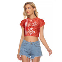 Red Hibiscus Turle Raglan Cropped T Shirt Hawaiian Style Tribal Tapa Pattern