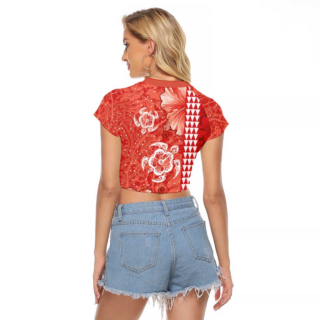 Red Hibiscus Turle Raglan Cropped T Shirt Hawaiian Style Tribal Tapa Pattern