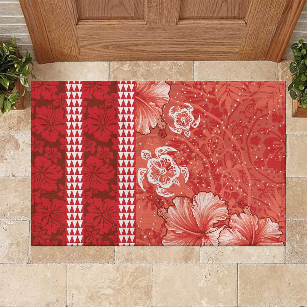 Red Hibiscus Turle Rubber Doormat Hawaiian Style Tribal Tapa Pattern LT9 Red - Polynesian Pride