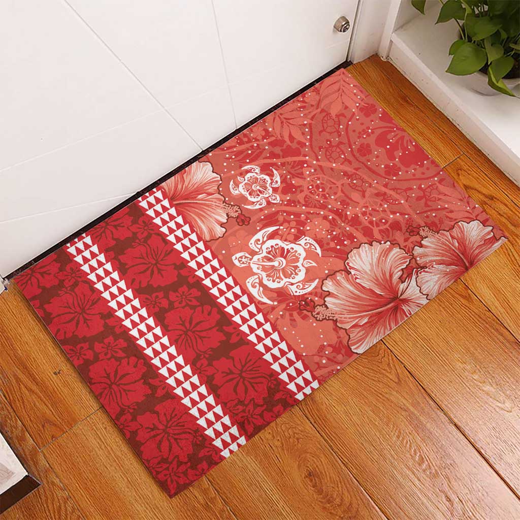 Red Hibiscus Turle Rubber Doormat Hawaiian Style Tribal Tapa Pattern