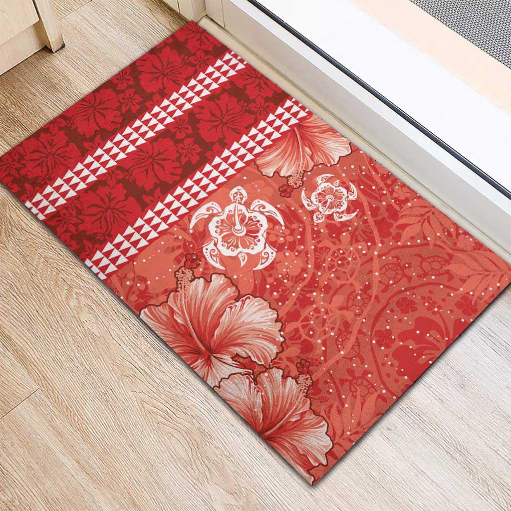 Red Hibiscus Turle Rubber Doormat Hawaiian Style Tribal Tapa Pattern