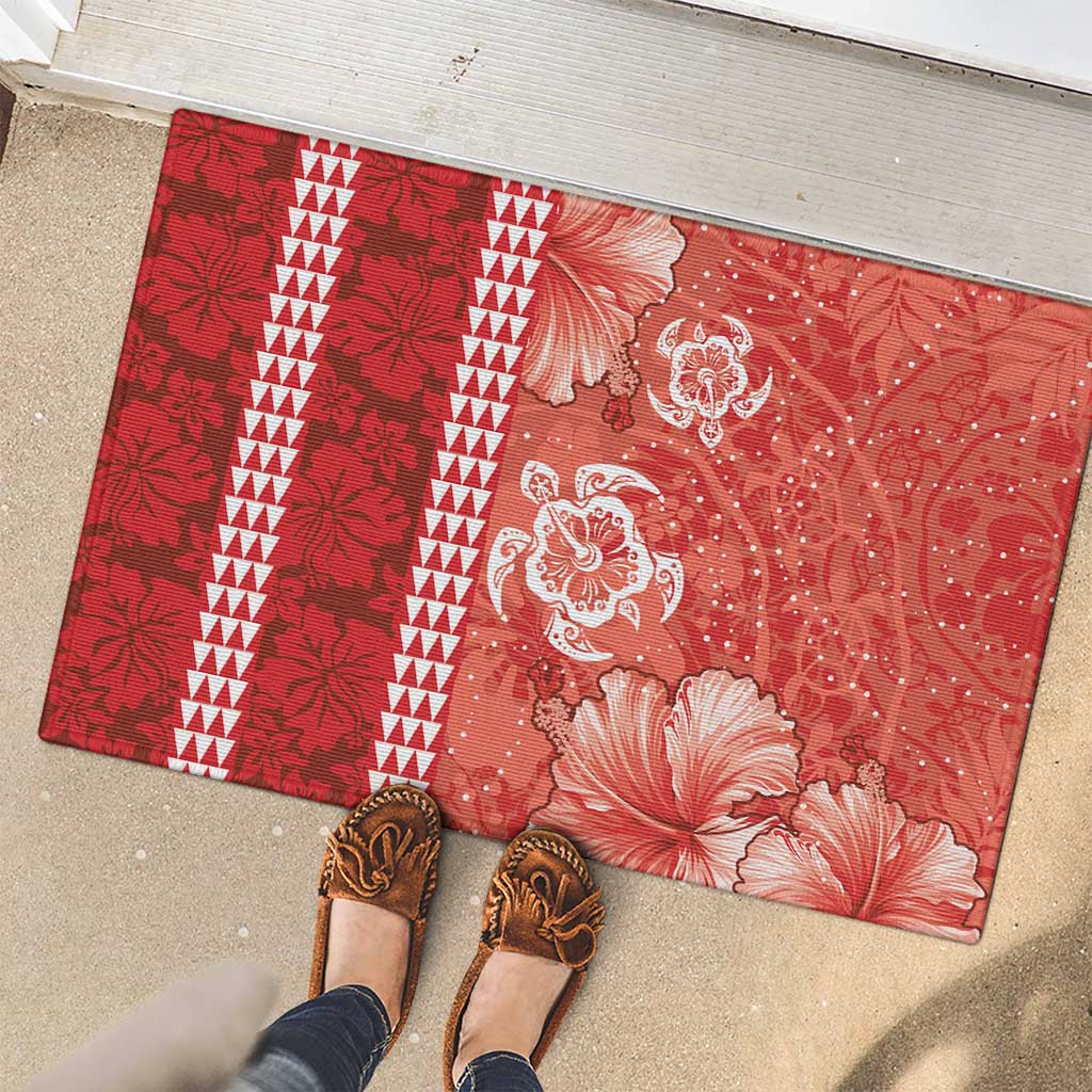 Red Hibiscus Turle Rubber Doormat Hawaiian Style Tribal Tapa Pattern