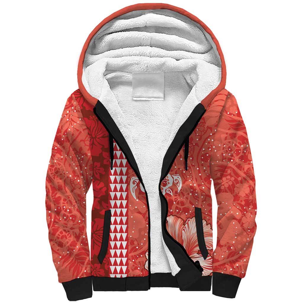 Red Hibiscus Turle Sherpa Hoodie Hawaiian Style Tribal Tapa Pattern LT9 Unisex Red - Polynesian Pride