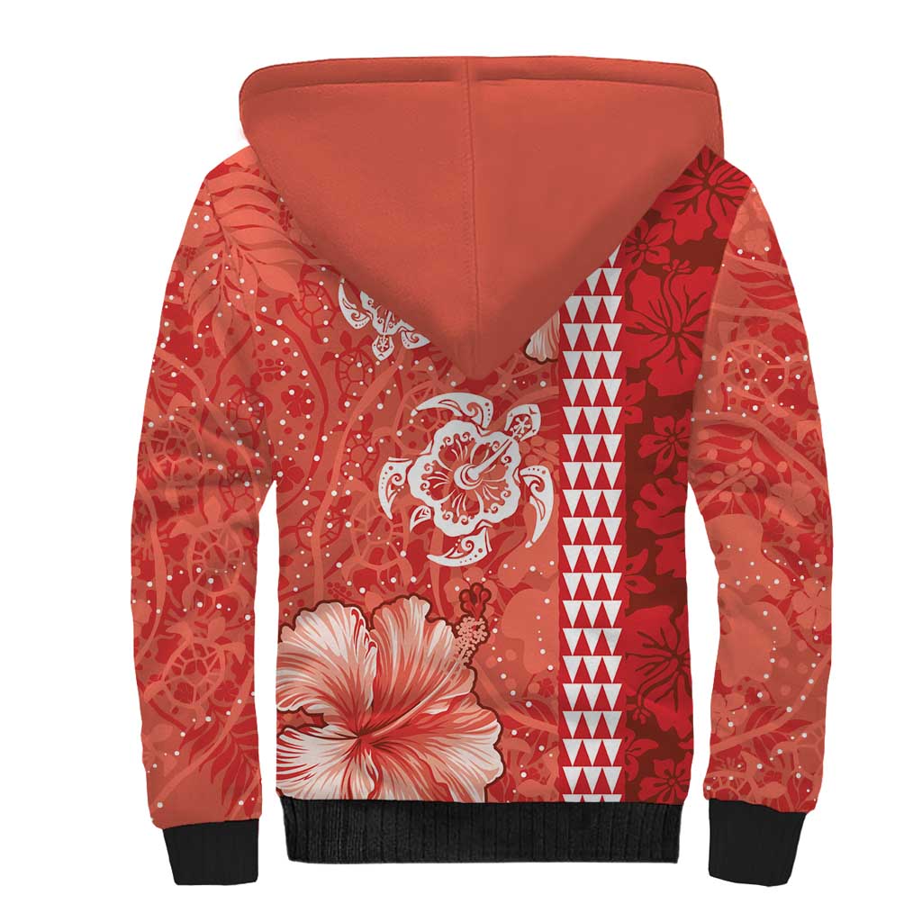 Red Hibiscus Turle Sherpa Hoodie Hawaiian Style Tribal Tapa Pattern LT9 - Polynesian Pride