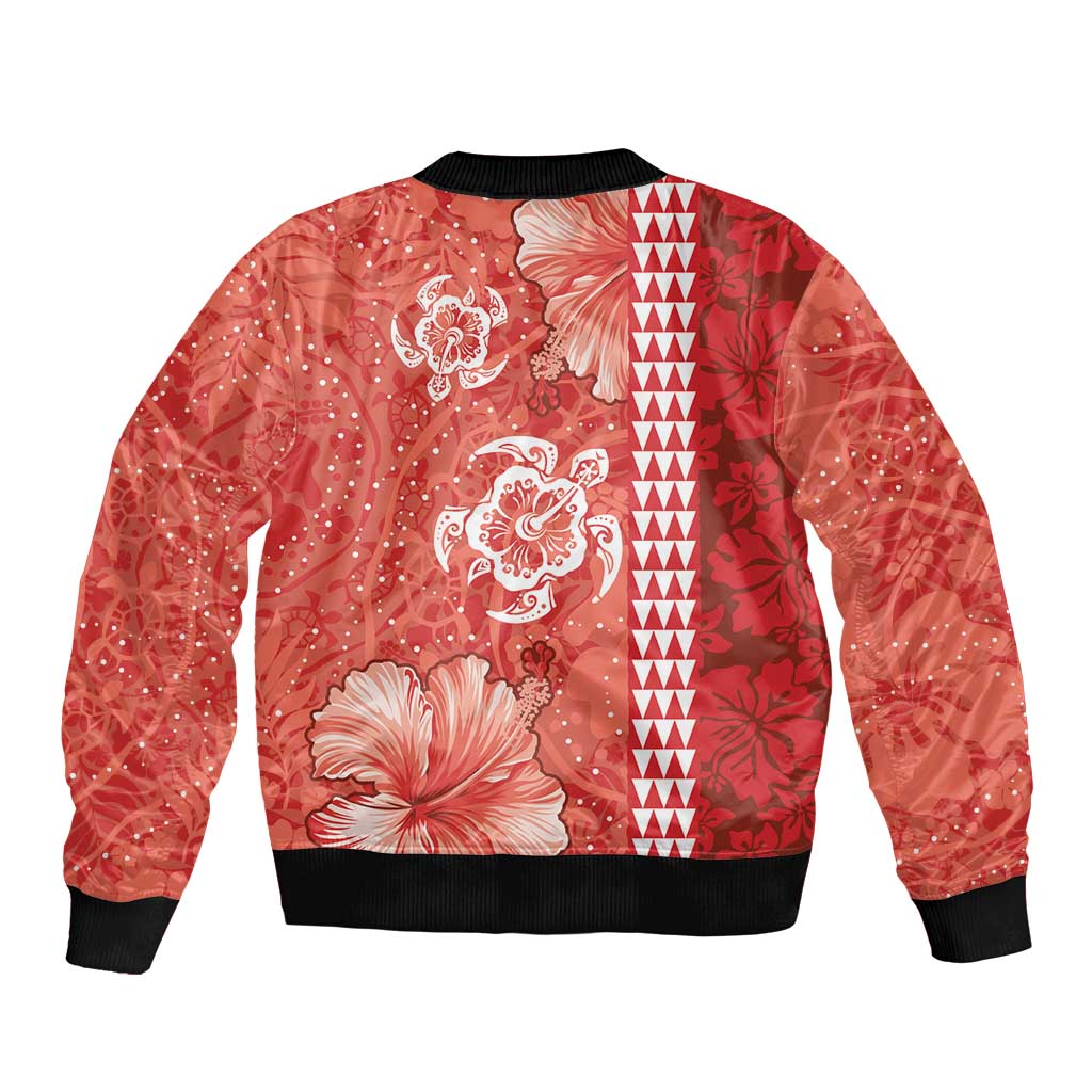 Red Hibiscus Turle Sleeve Zip Bomber Jacket Hawaiian Style Tribal Tapa Pattern LT9 - Polynesian Pride