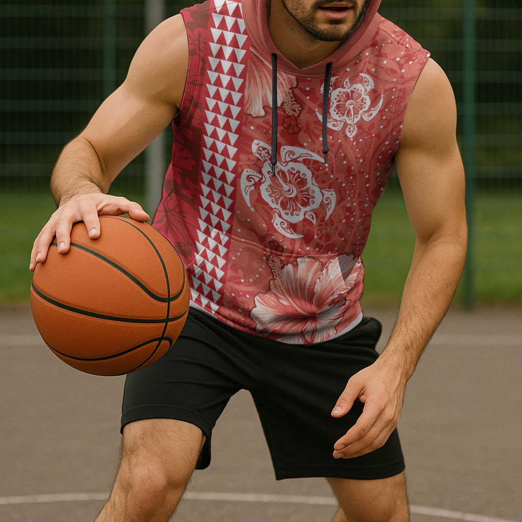 Red Hibiscus Turle Sleeveless Hoodie Hawaiian Style Tribal Tapa Pattern - Polynesian Pride