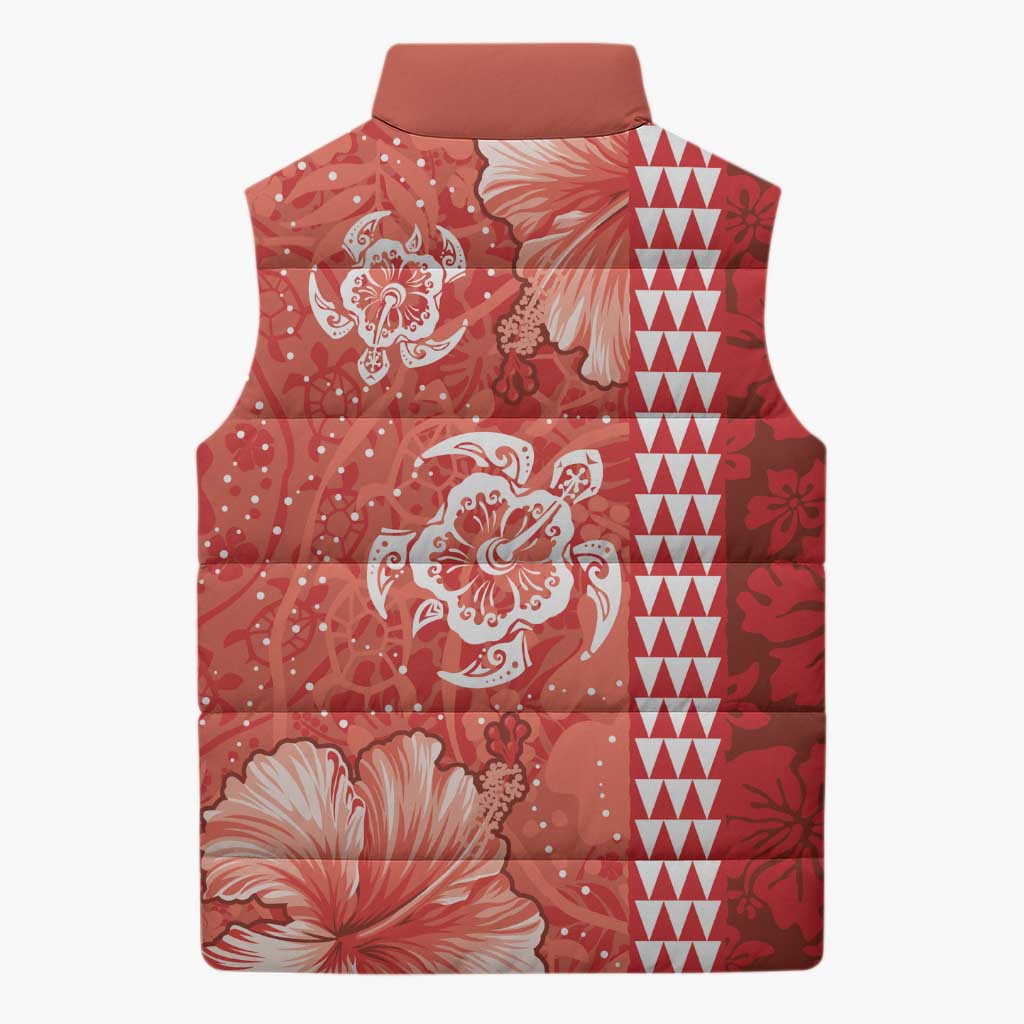 Red Hibiscus Turle Sleeveless Puffer Jacket Hawaiian Style Tribal Tapa Pattern - Polynesian Pride
