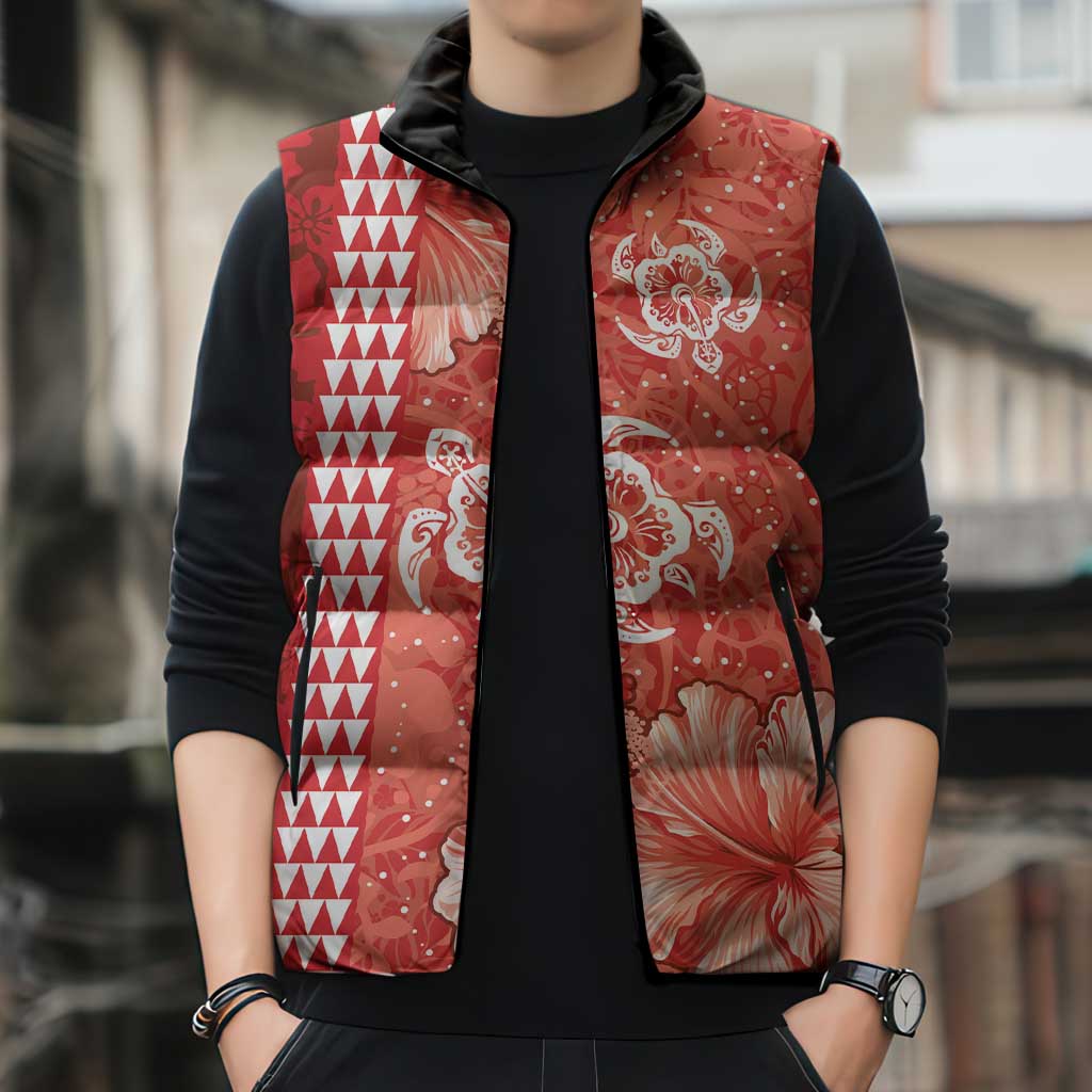 Red Hibiscus Turle Sleeveless Puffer Jacket Hawaiian Style Tribal Tapa Pattern - Polynesian Pride
