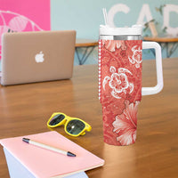 Red Hibiscus Turle Tumbler With Handle Hawaiian Style Tribal Tapa Pattern