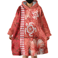 Red Hibiscus Turle Wearable Blanket Hoodie Hawaiian Style Tribal Tapa Pattern
