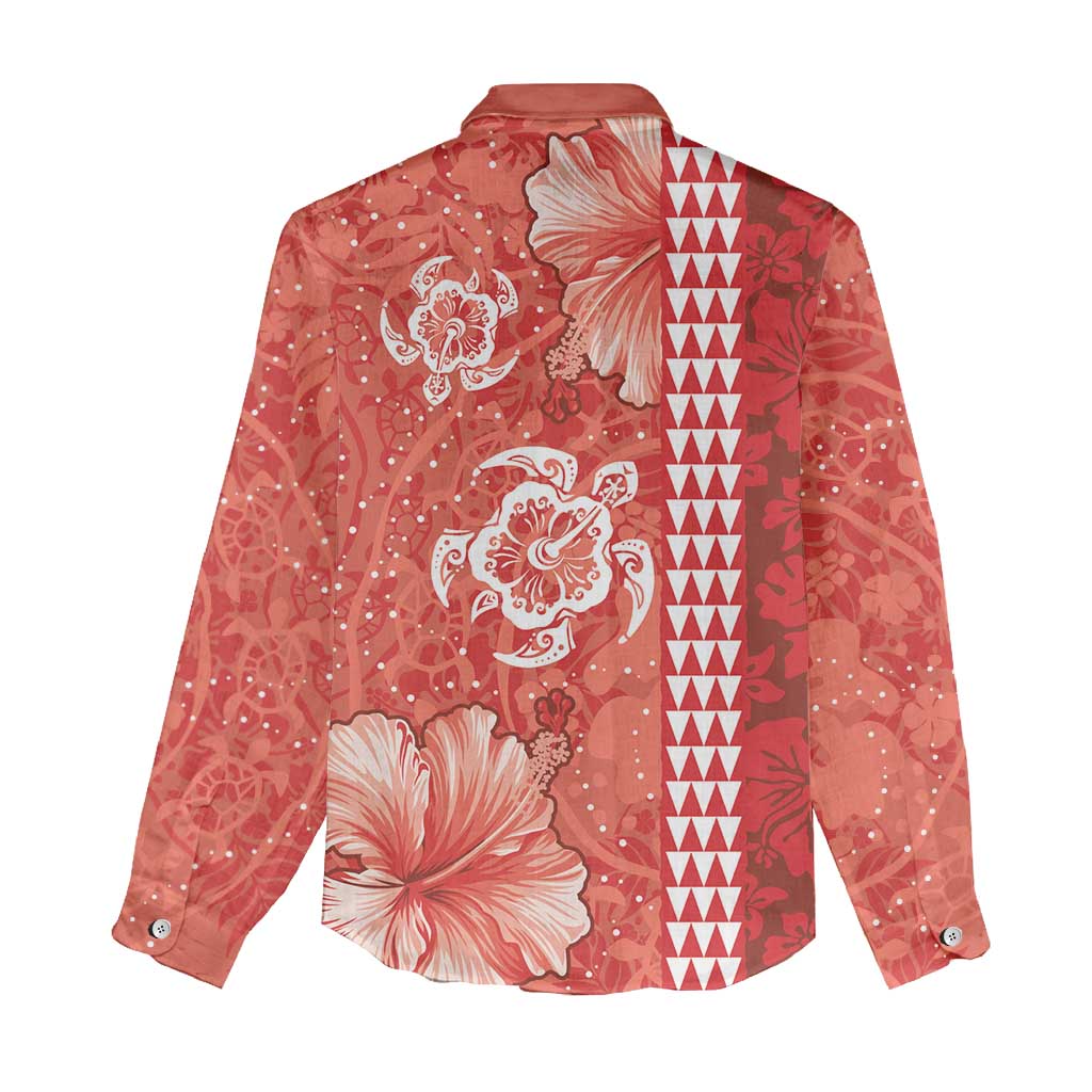 Red Hibiscus Turle Women Casual Shirt Hawaiian Style Tribal Tapa Pattern
