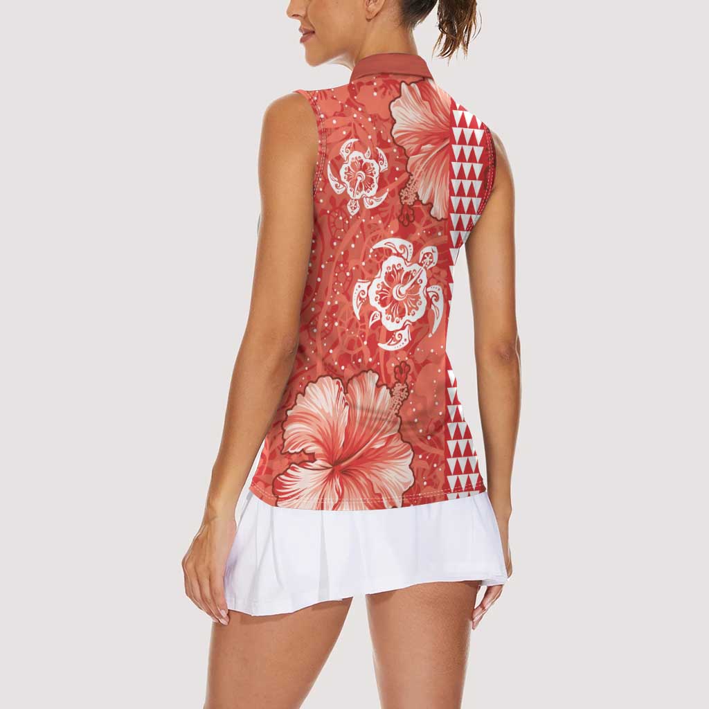 Red Hibiscus Turle Women Sleeveless Polo Shirt Hawaiian Style Tribal Tapa Pattern