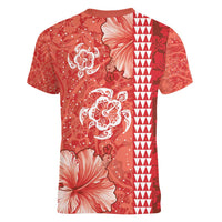 Red Hibiscus Turle Women V-Neck T-Shirt Hawaiian Style Tribal Tapa Pattern