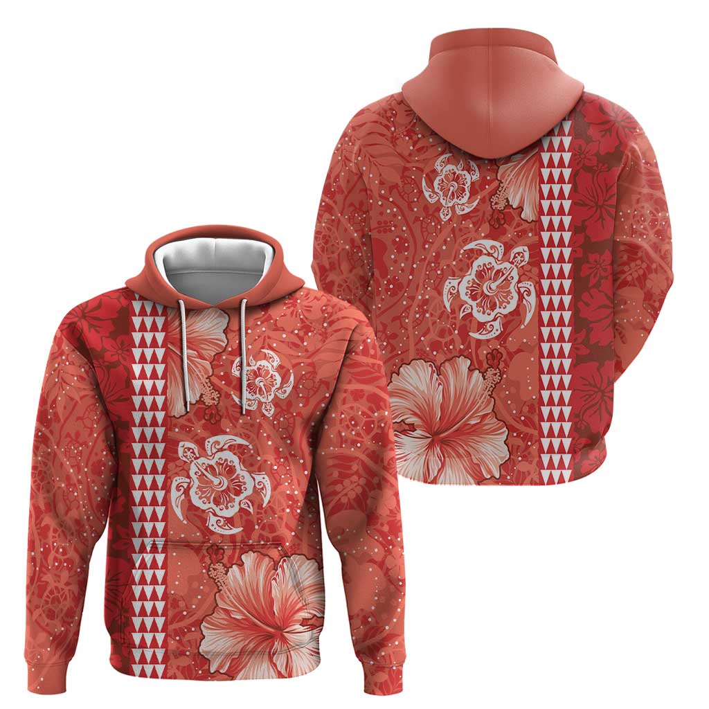 Red Hibiscus Turle Zip Hoodie Hawaiian Style Tribal Tapa Pattern