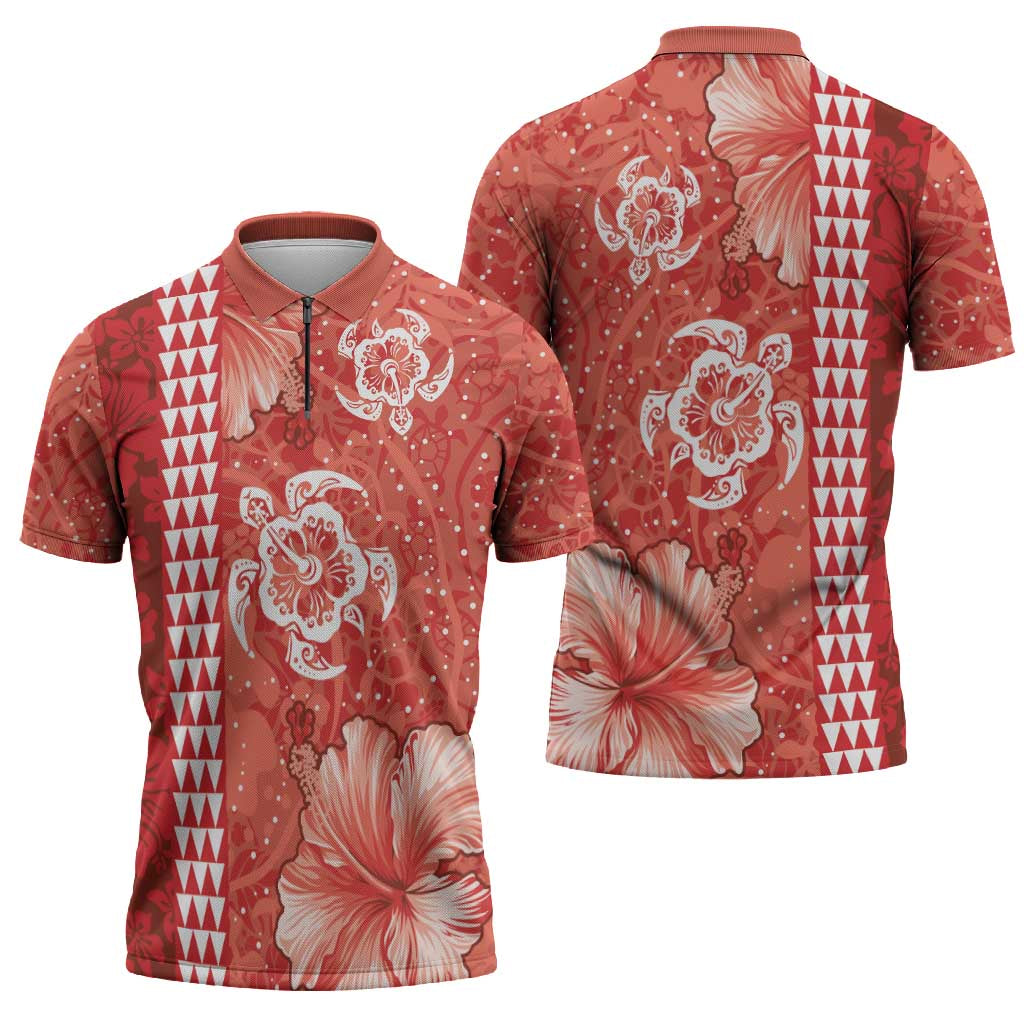 Red Hibiscus Turle Zipper Polo Shirt Hawaiian Style Tribal Tapa Pattern - Polynesian Pride