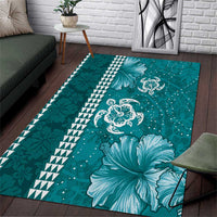Teal Hibiscus Turle Area Rug Hawaiian Style Tribal Tapa Pattern