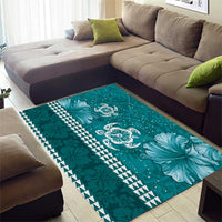 Teal Hibiscus Turle Area Rug Hawaiian Style Tribal Tapa Pattern