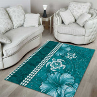 Teal Hibiscus Turle Area Rug Hawaiian Style Tribal Tapa Pattern