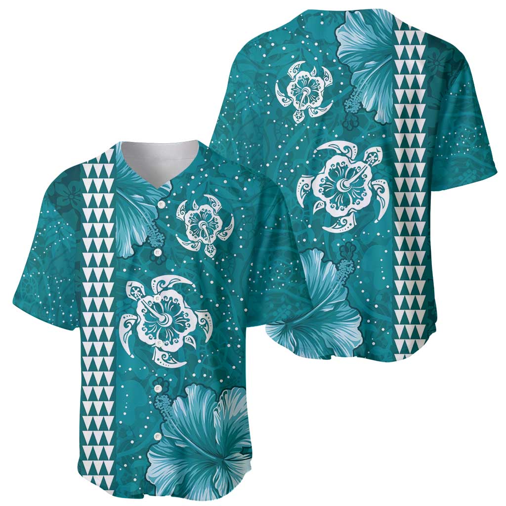 Teal Hibiscus Turle Baseball Jersey Hawaiian Style Tribal Tapa Pattern