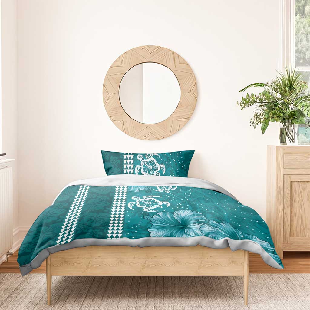 Teal Hibiscus Turle Bedding Set Hawaiian Style Tribal Tapa Pattern