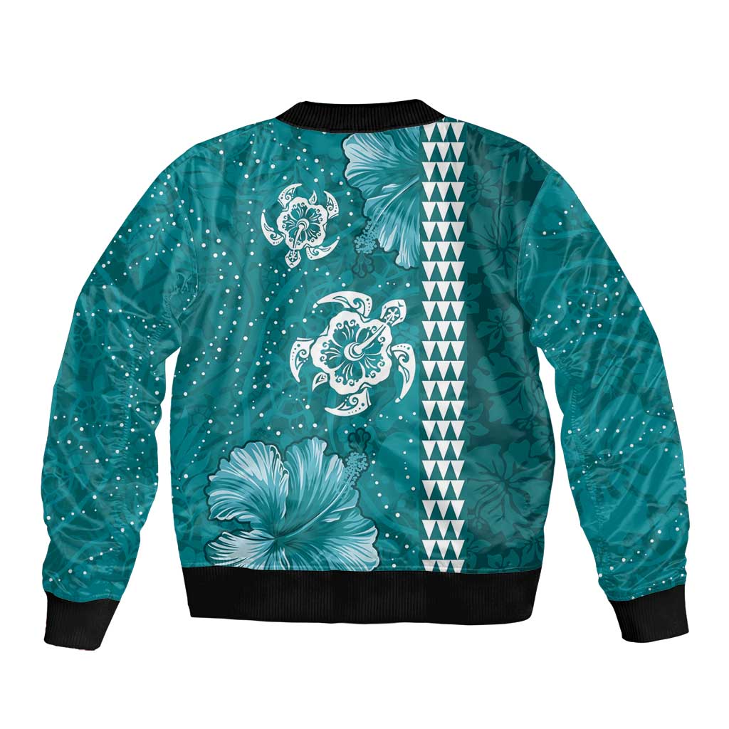 Teal Hibiscus Turle Bomber Jacket Hawaiian Style Tribal Tapa Pattern LT9 - Polynesian Pride