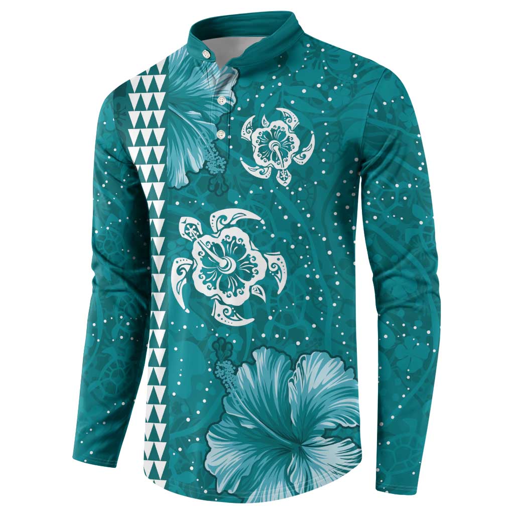 Teal Hibiscus Turle Button Sweatshirt Hawaiian Style Tribal Tapa Pattern