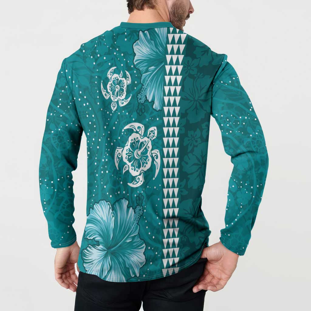 Teal Hibiscus Turle Button Sweatshirt Hawaiian Style Tribal Tapa Pattern