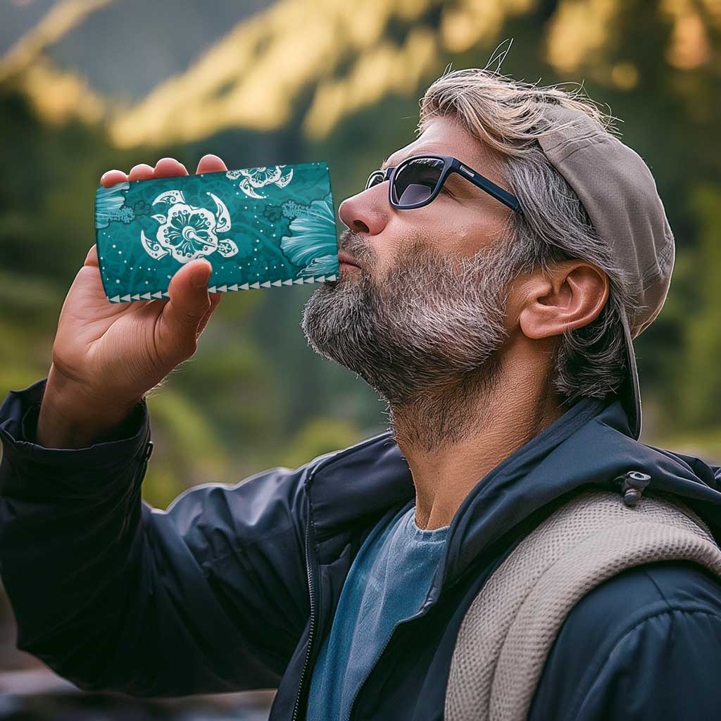 Teal Hibiscus Turle 4 in 1 Can Cooler Tumbler Hawaiian Style Tribal Tapa Pattern