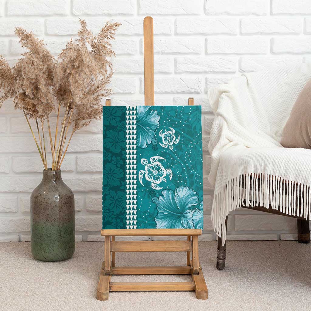 Teal Hibiscus Turle Canvas Wall Art Hawaiian Style Tribal Tapa Pattern
