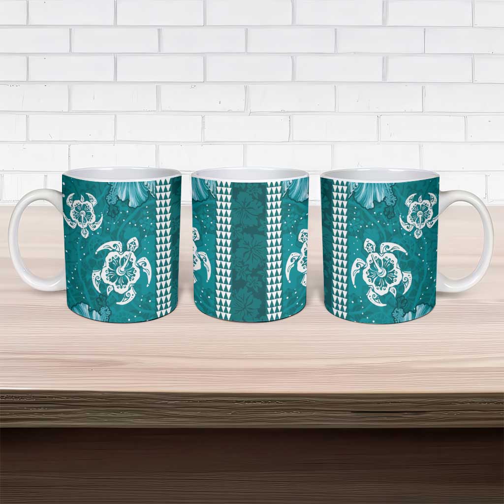 Teal Hibiscus Turle Ceramic Mug Hawaiian Style Tribal Tapa Pattern - Polynesian Pride