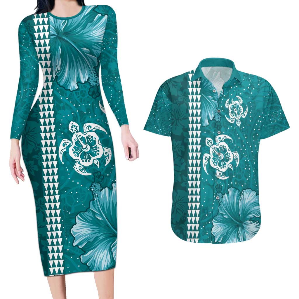Teal Hibiscus Turle Couples Matching Long Sleeve Bodycon Dress and Hawaiian Shirt Hawaiian Style Tribal Tapa Pattern LT9 Teal - Polynesian Pride