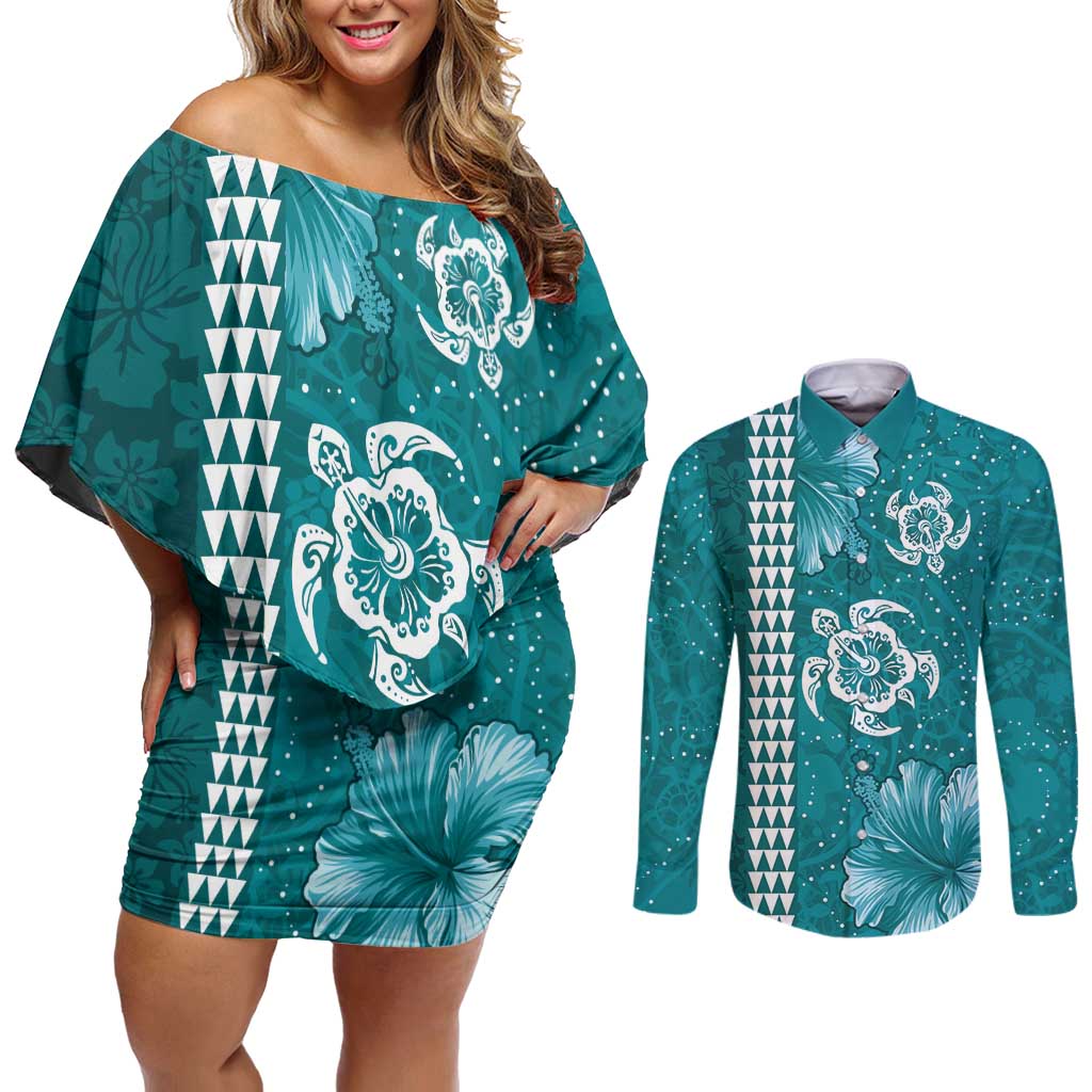 Teal Hibiscus Turle Couples Matching Off Shoulder Short Dress and Long Sleeve Button Shirt Hawaiian Style Tribal Tapa Pattern LT9 Teal - Polynesian Pride