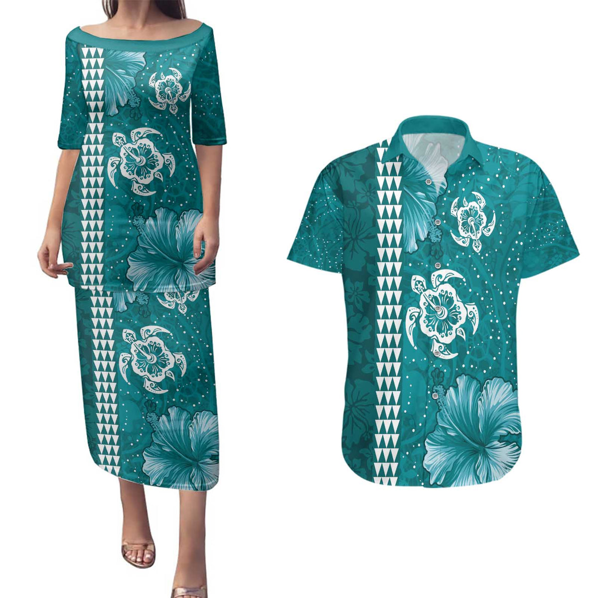 Teal Hibiscus Turle Couples Matching Puletasi and Hawaiian Shirt Hawaiian Style Tribal Tapa Pattern