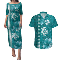 Teal Hibiscus Turle Couples Matching Puletasi and Hawaiian Shirt Hawaiian Style Tribal Tapa Pattern
