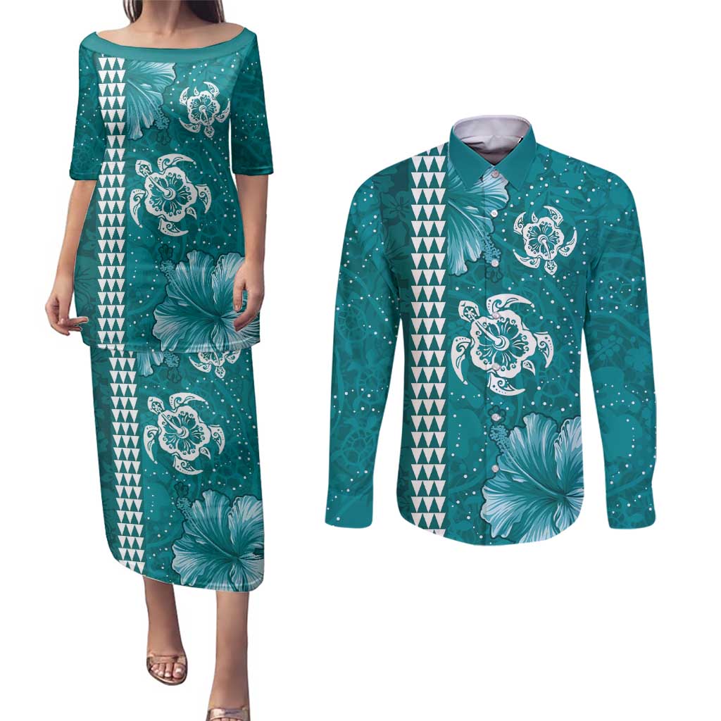 Teal Hibiscus Turle Couples Matching Puletasi and Long Sleeve Button Shirt Hawaiian Style Tribal Tapa Pattern LT9 Teal - Polynesian Pride