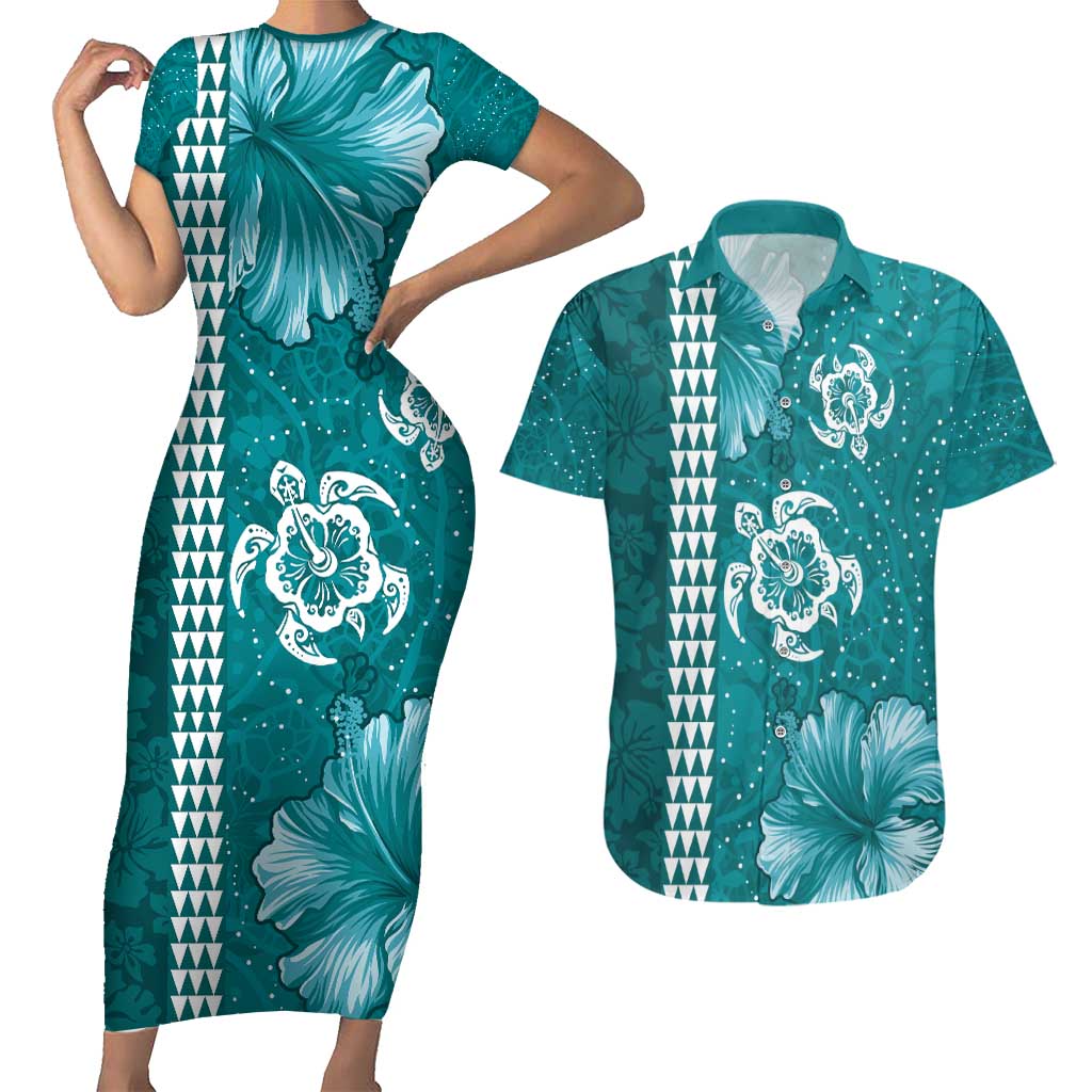 Teal Hibiscus Turle Couples Matching Short Sleeve Bodycon Dress and Hawaiian Shirt Hawaiian Style Tribal Tapa Pattern LT9 Teal - Polynesian Pride
