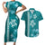 Teal Hibiscus Turle Couples Matching Short Sleeve Bodycon Dress and Hawaiian Shirt Hawaiian Style Tribal Tapa Pattern